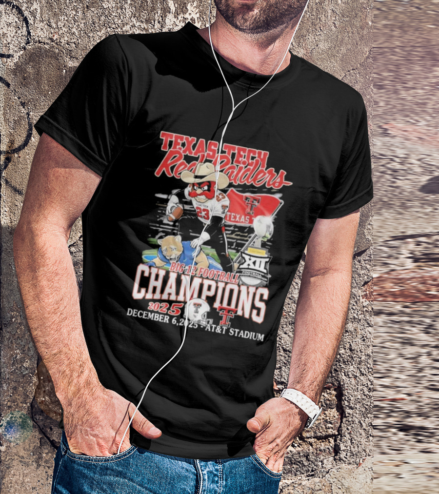 Texas Tech Red Raiders Big 12 Football Champions 2025 Victory Over Brigham Young Cougars December 6 Jones AT&T Stadium T-Shirt