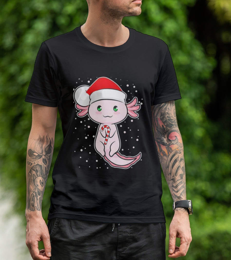 Axolotl Christmas Candy Cane Santa Hat Cute Holiday Snowflakes T-Shirt