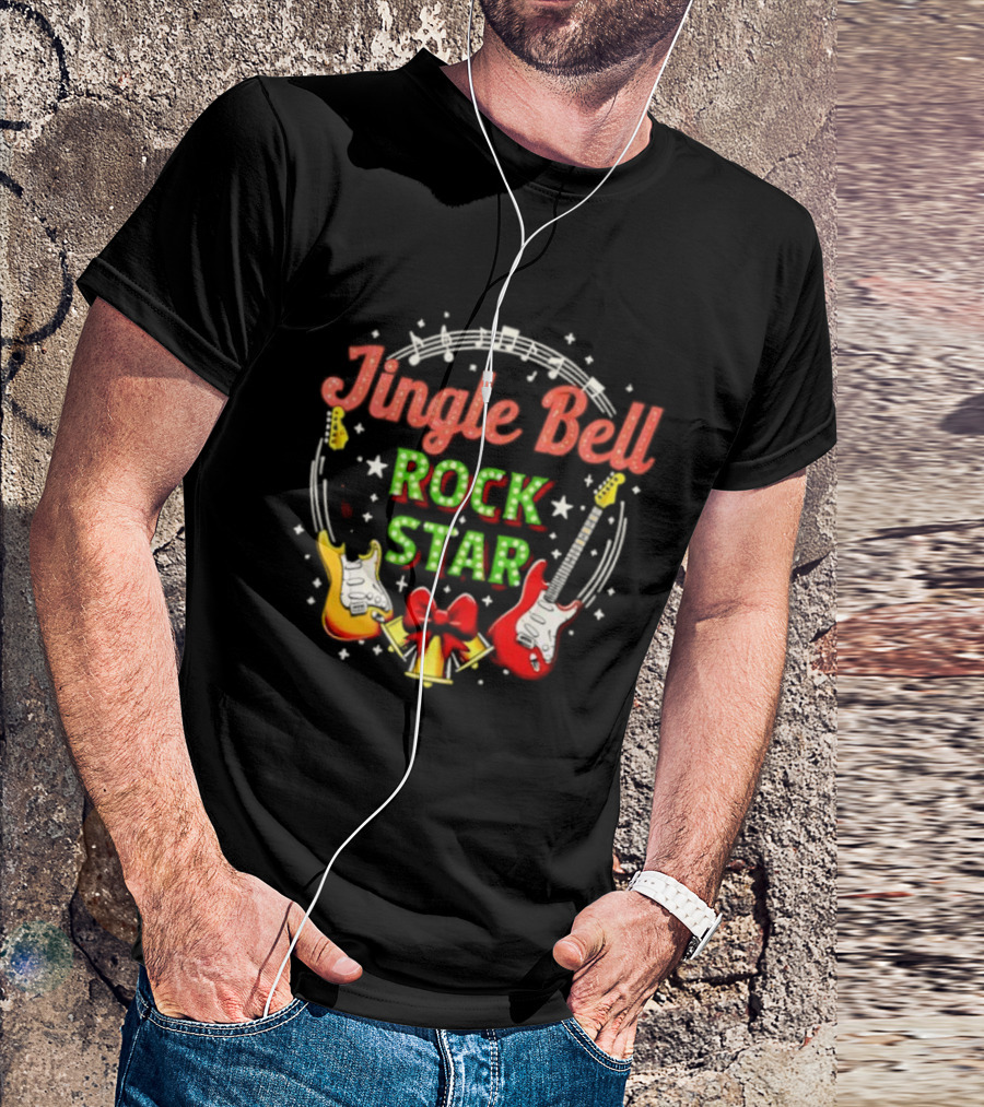 Jingle Bell Rock Star Christmas Music Guitar Holiday Bow T-Shirt