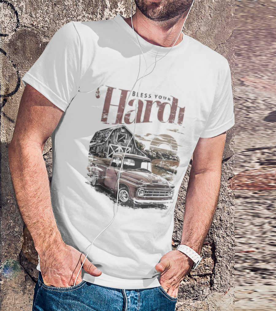 Bless Your Hardt Vintage Truck Barn Sunset Scene T-Shirt