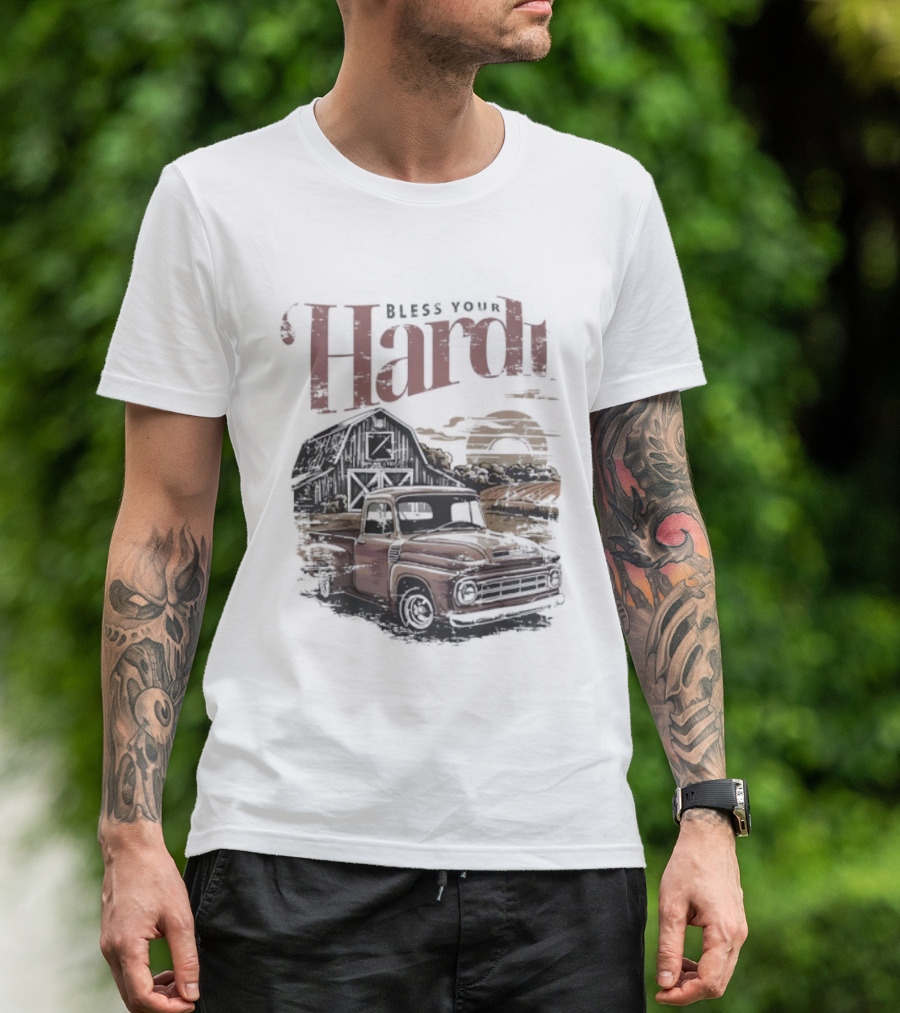 Bless Your Hardt Vintage Truck Barn Sunset Scene T-Shirt