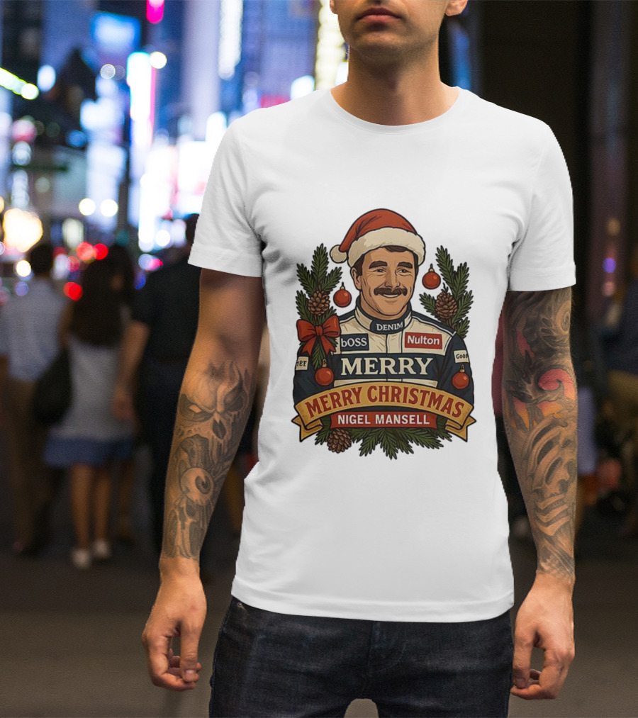 Nigel Mansell Merry Christmas Boss Denim Nulton Goodyear Racing Santa Hat Pinecones T-Shirt