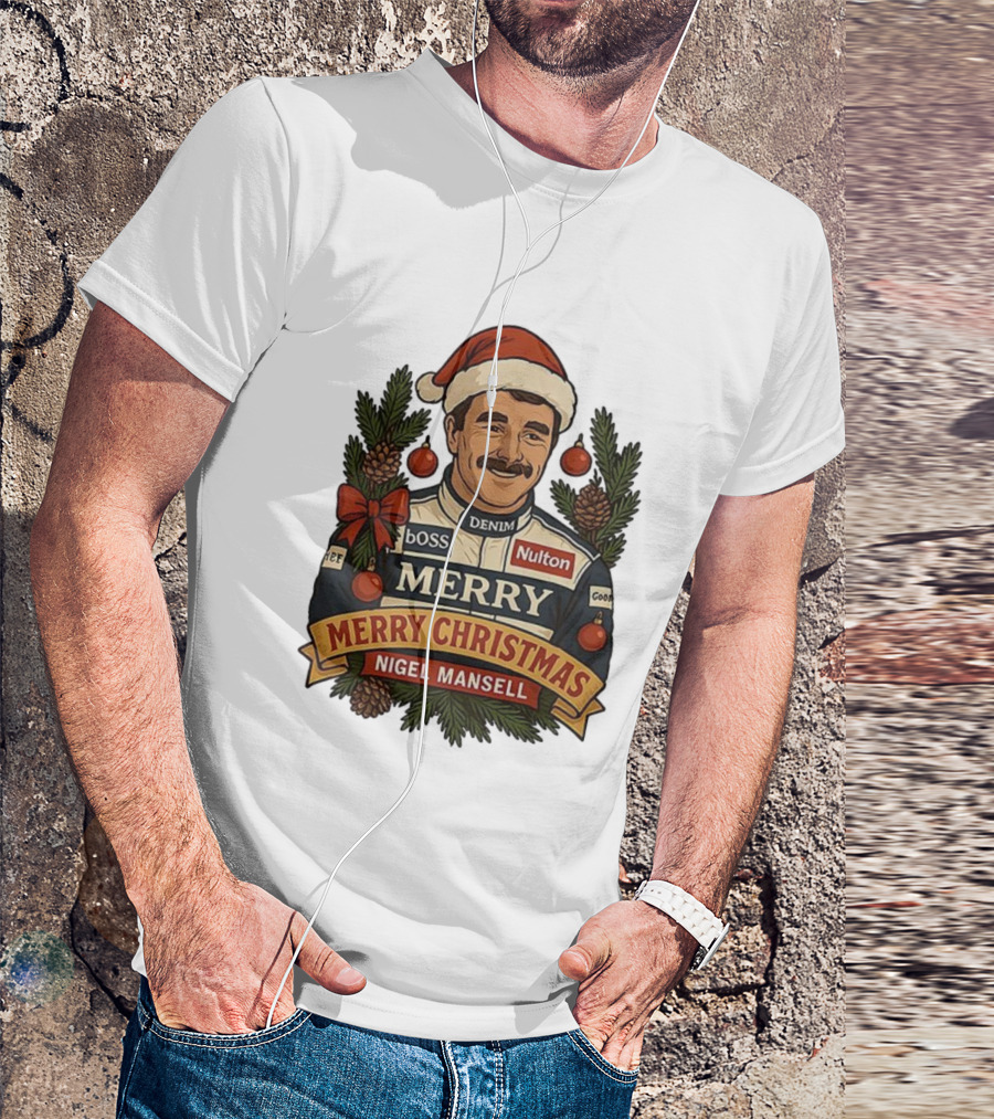 Nigel Mansell Merry Christmas Boss Denim Nulton Goodyear Racing Santa Hat Pinecones T-Shirt