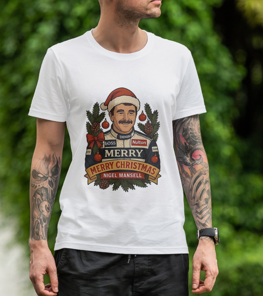Nigel Mansell Merry Christmas Boss Denim Nulton Goodyear Racing Santa Hat Pinecones T-Shirt