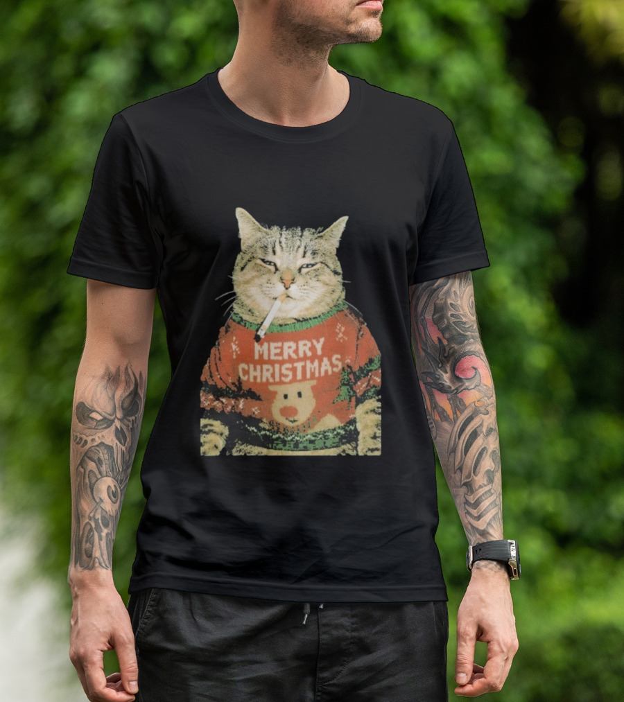 Merry Christmas Cat Sweater Smoking Cat Holiday Bear T-Shirt