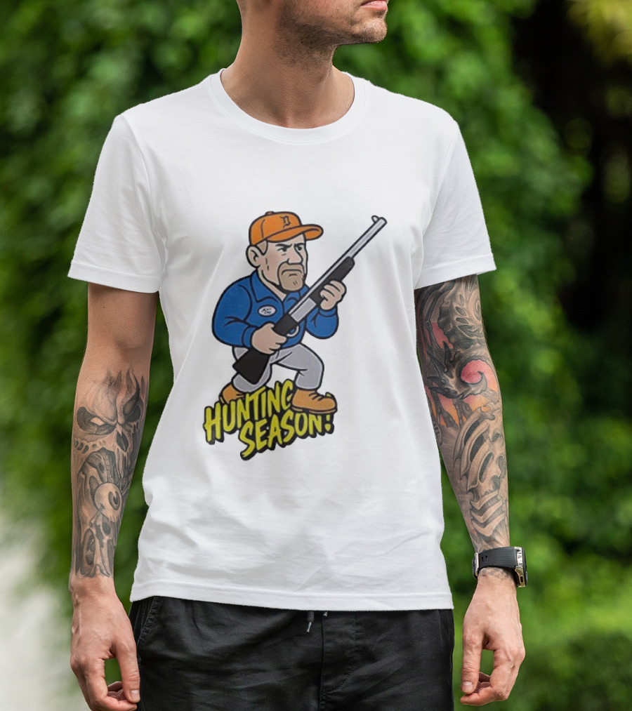 Detroit Lions Hunting Season Cartoon Character With Rifle T-Shirt