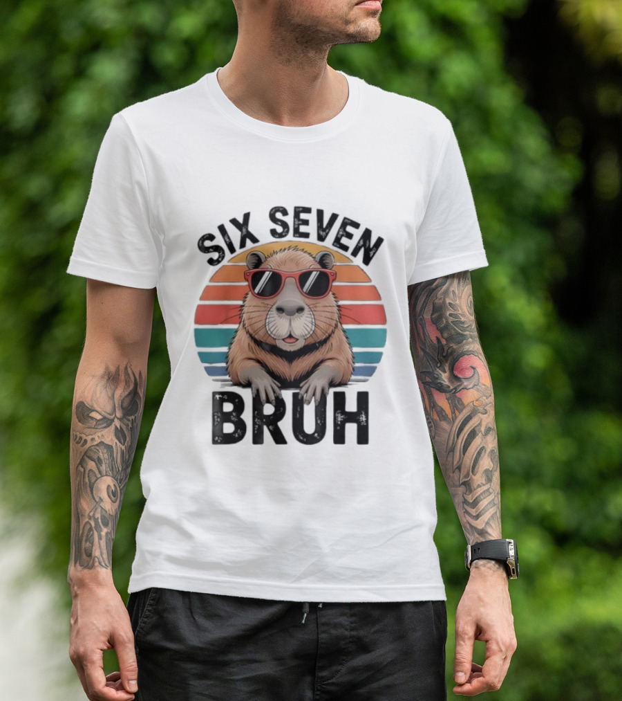 Capybara Sunglasses Meme Sunset Six Seven Bruh Retro T-Shirt