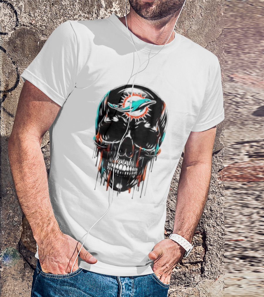 Miami Dolphins Skull Black Art Football Team Skull Fusion T-Shirt