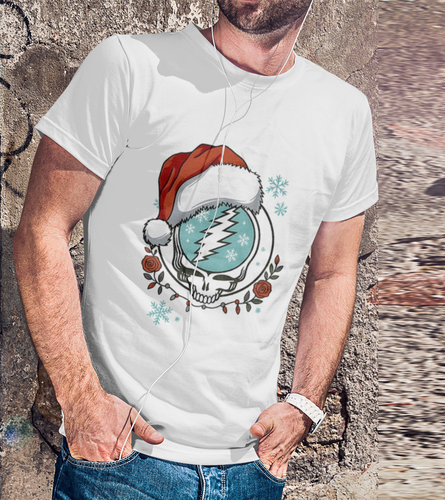Grateful Dead Steal Your Face Santa Hat Christmas Roses Snowflakes T-Shirt