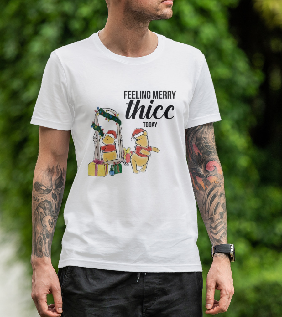 Winnie The Pooh Feeling Merry Thicc Today Christmas Mirror Reflection Holiday Gifts Santa Hat T-Shirt