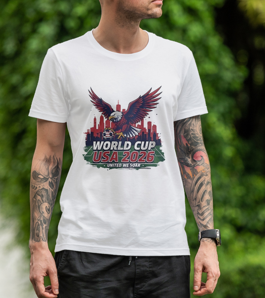 World Cup USA 2026 Bald Eagle United We Soar City Skyline Football Field T-Shirt