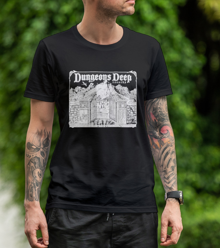 Dungeons Deep Records Fantasy Mountain Gate Adventure Scenic Landscape T-Shirt