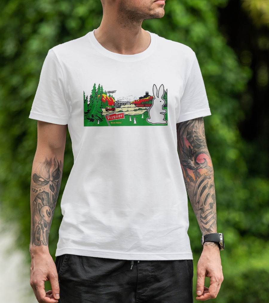 Old Style Pilsner Beer Bière Vintage Cartoon Rabbit Forest Scene T-Shirt