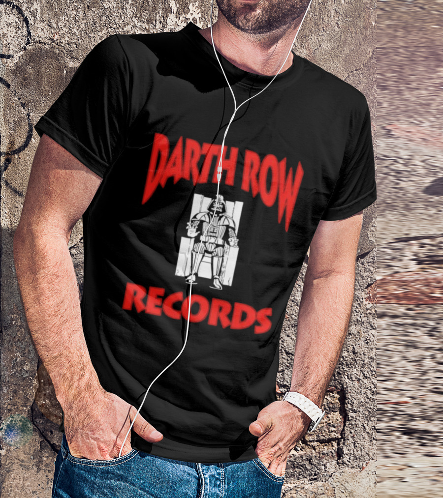 Darth Row Records Sitting Figure Bold Red Text T-Shirt