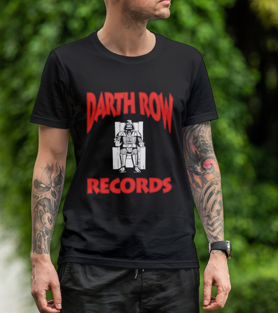 Darth Row Records Sitting Figure Bold Red Text T-Shirt