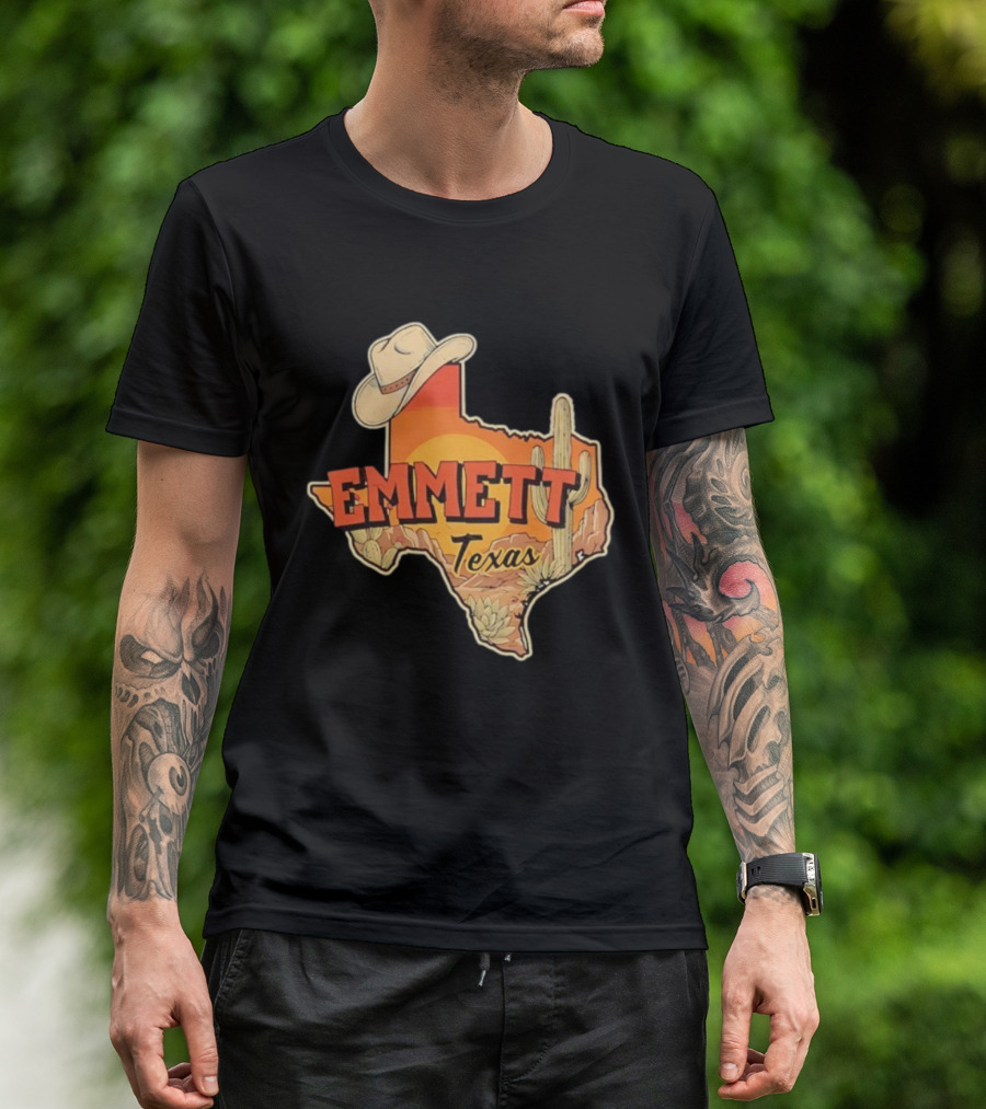 Emmett Texas Cowboy Hat Cactus Sunset Vintage Desert Scene T-Shirt