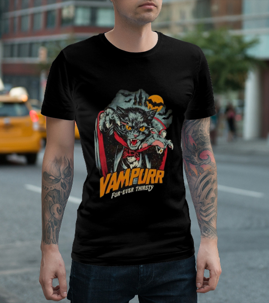 Vampurr Fur-Ever Thirsty Vampire Cat Halloween Moon Bats T-Shirt