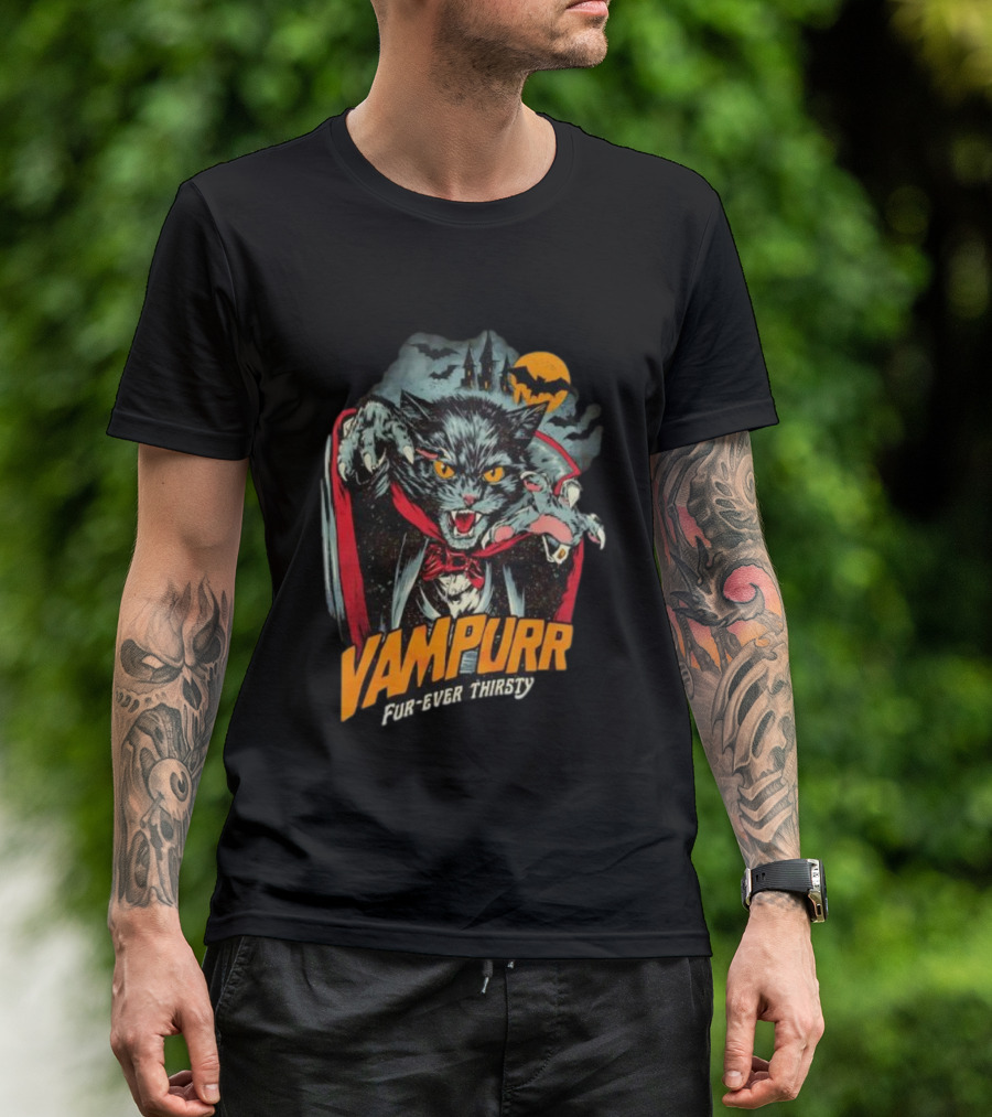 Vampurr Fur-Ever Thirsty Vampire Cat Halloween Moon Bats T-Shirt