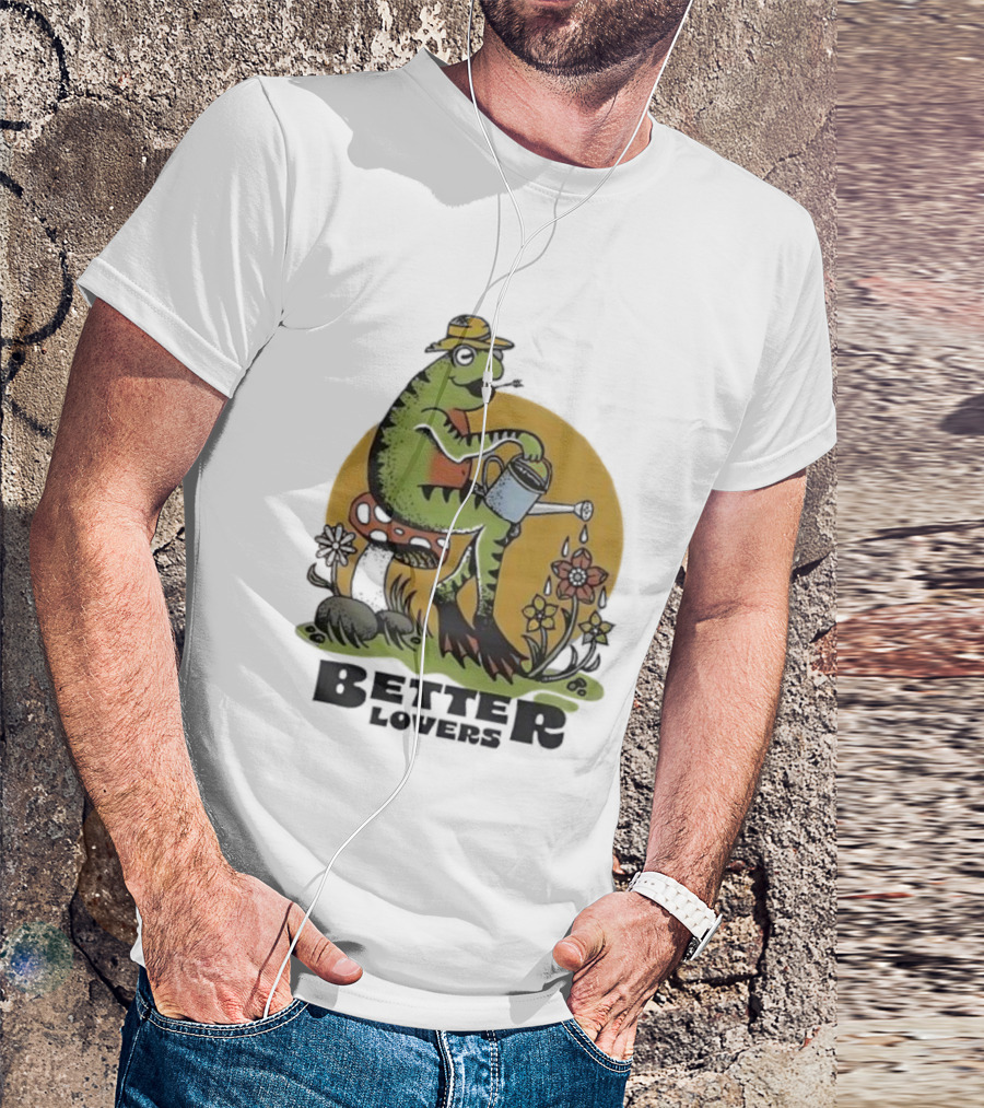 Frog On A Mushroom Watering Flowers Better Lovers Vintage Style T-Shirt