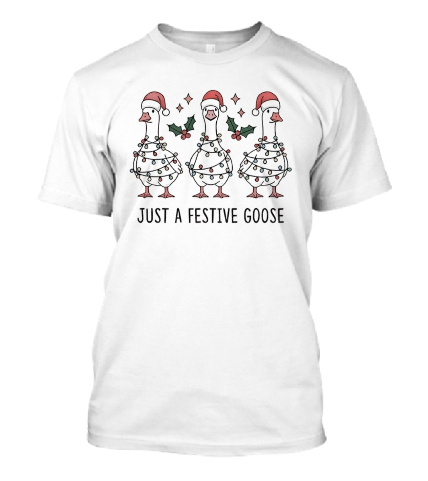 Festive Santa Hat Goose Wrapped In Christmas Lights Holiday Humor T-Shirt