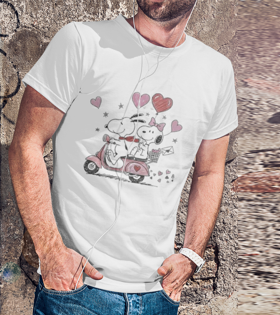 Snoopy Peanuts Valentine's Day Hearts Romantic Scooter Celebration T-Shirt