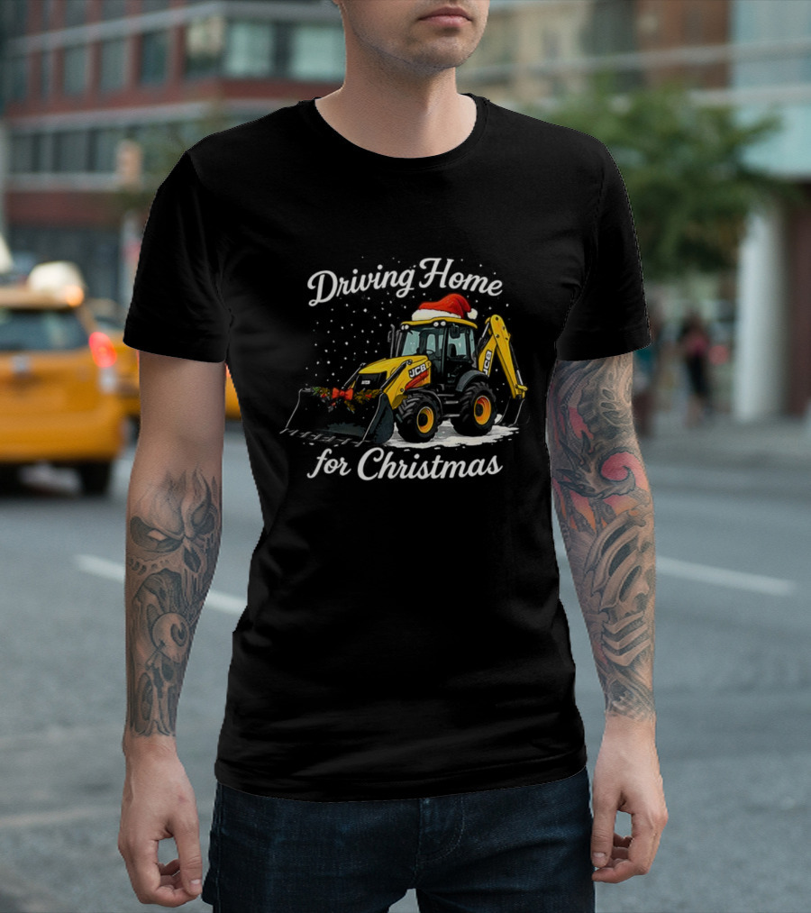 Driving Home For Christmas JCB Excavator Loader Santa Hat Snowfall Scene T-Shirt