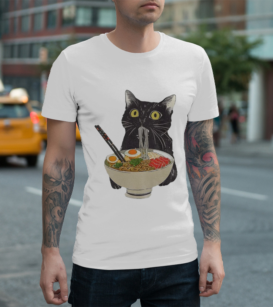 Black Cat Slurping Ramen With Chopsticks Japan Style T-Shirt