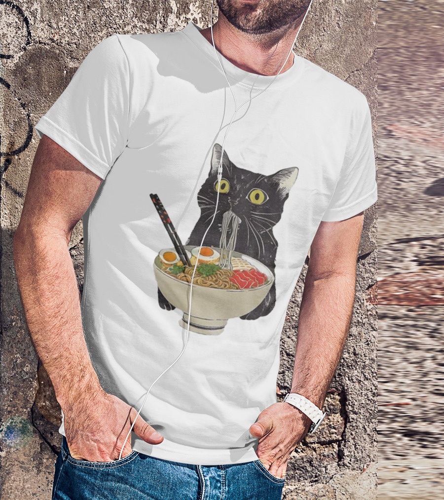 Black Cat Slurping Ramen With Chopsticks Japan Style T-Shirt
