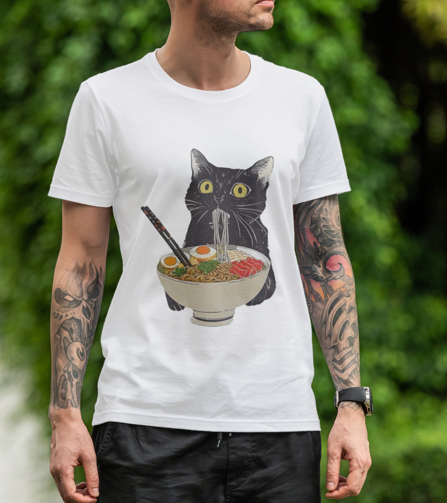 Black Cat Slurping Ramen With Chopsticks Japan Style T-Shirt