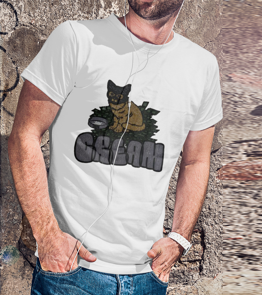 CREAM Cat Vintage Style With Bowl And Leafy Background T-Shirt