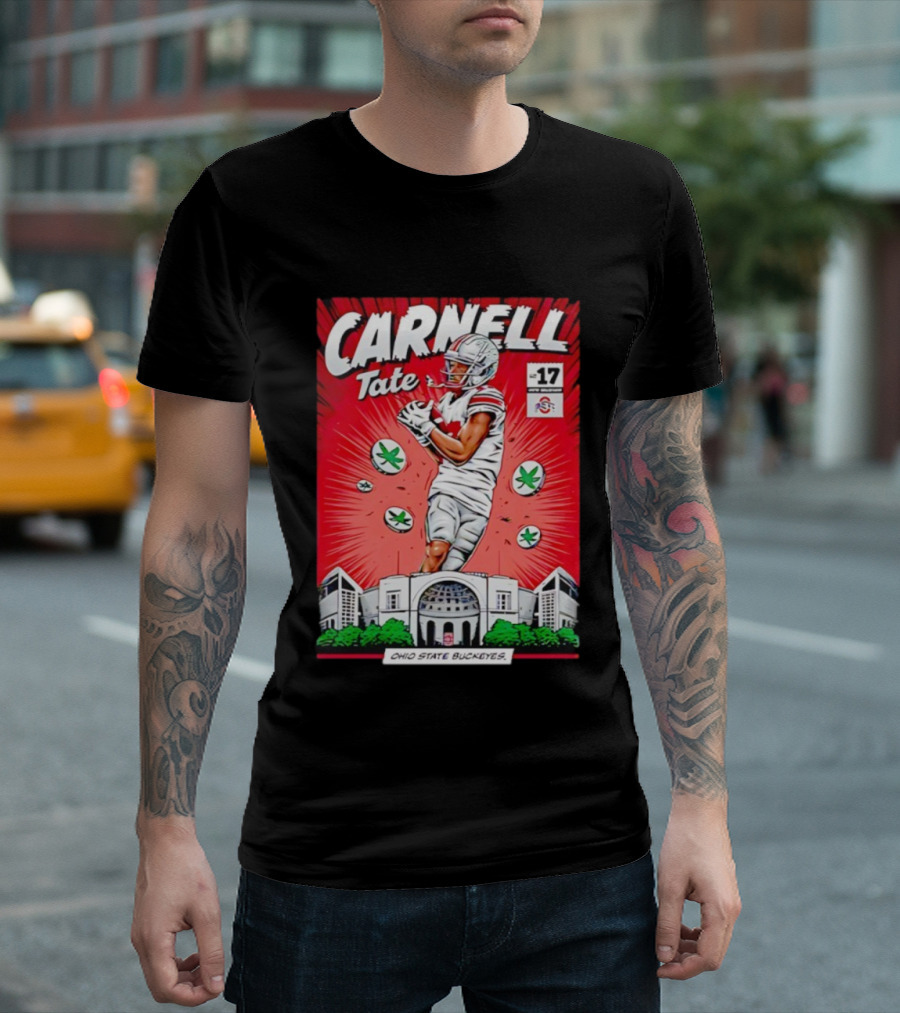 Carnell Tate Ohio State Buckeyes Comic No. 17 Buckeye Leaves Stadium T-Shirt