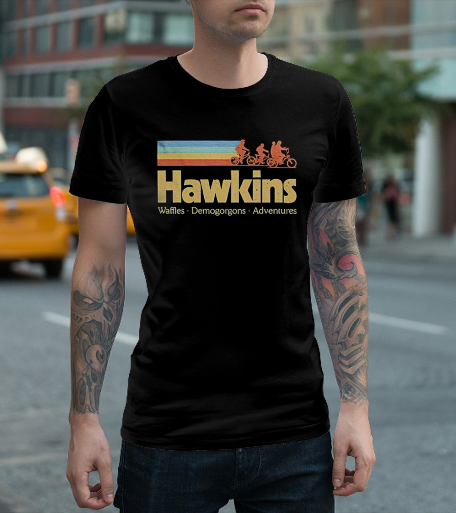 Hawkins Waffles Demogorgons Adventures Retro Stripe Bike Riders T-Shirt