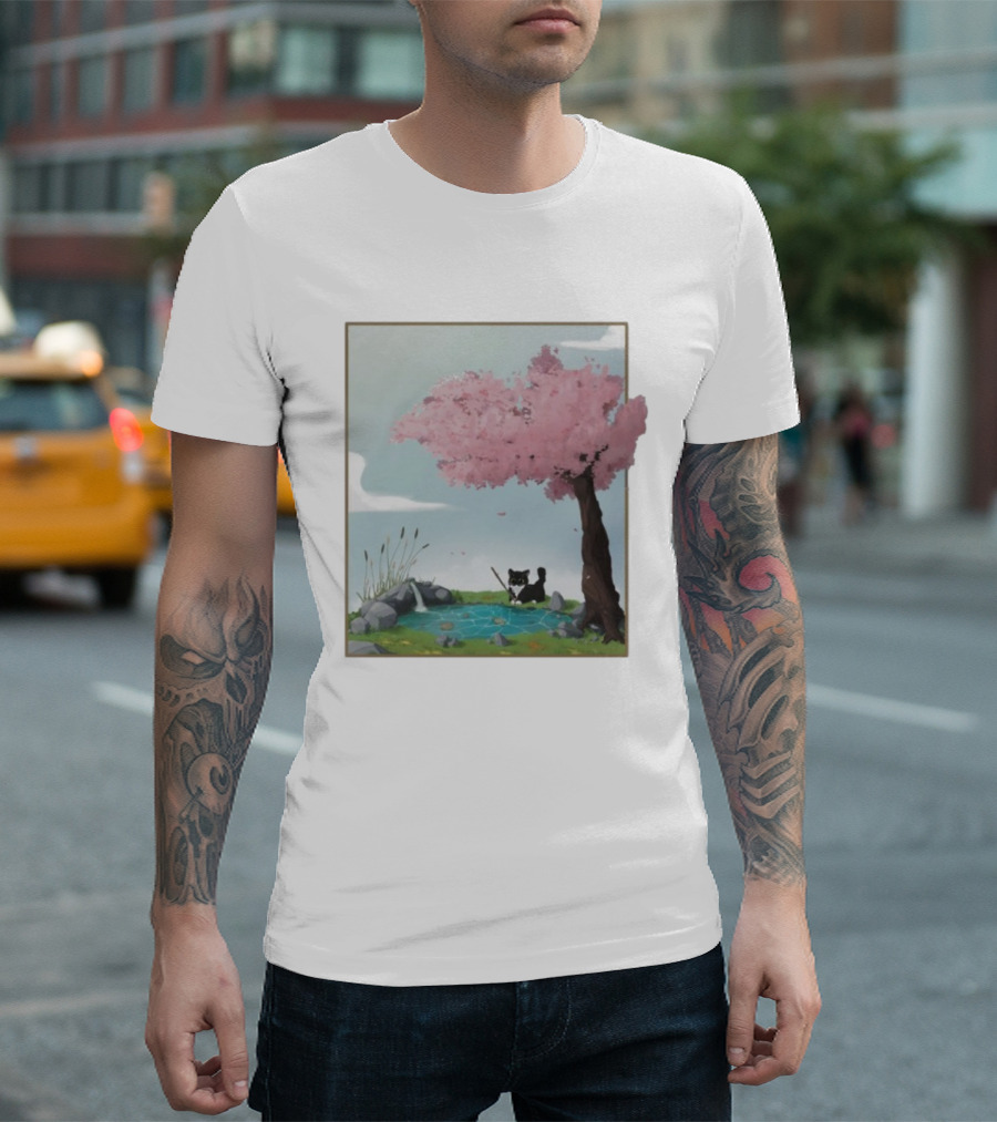 Cherry Blossom Cat Fishing By Tranquil Pond T-Shirt
