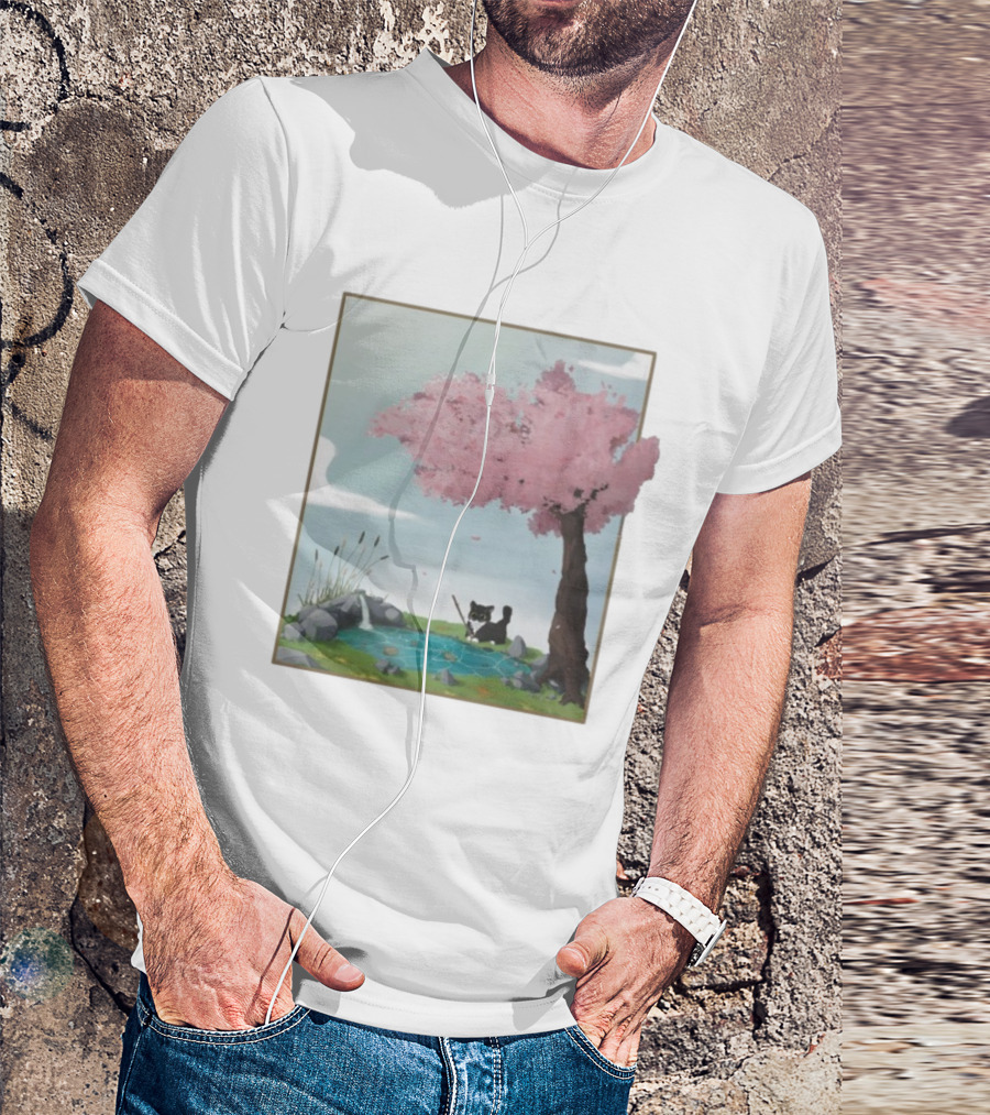 Cherry Blossom Cat Fishing By Tranquil Pond T-Shirt