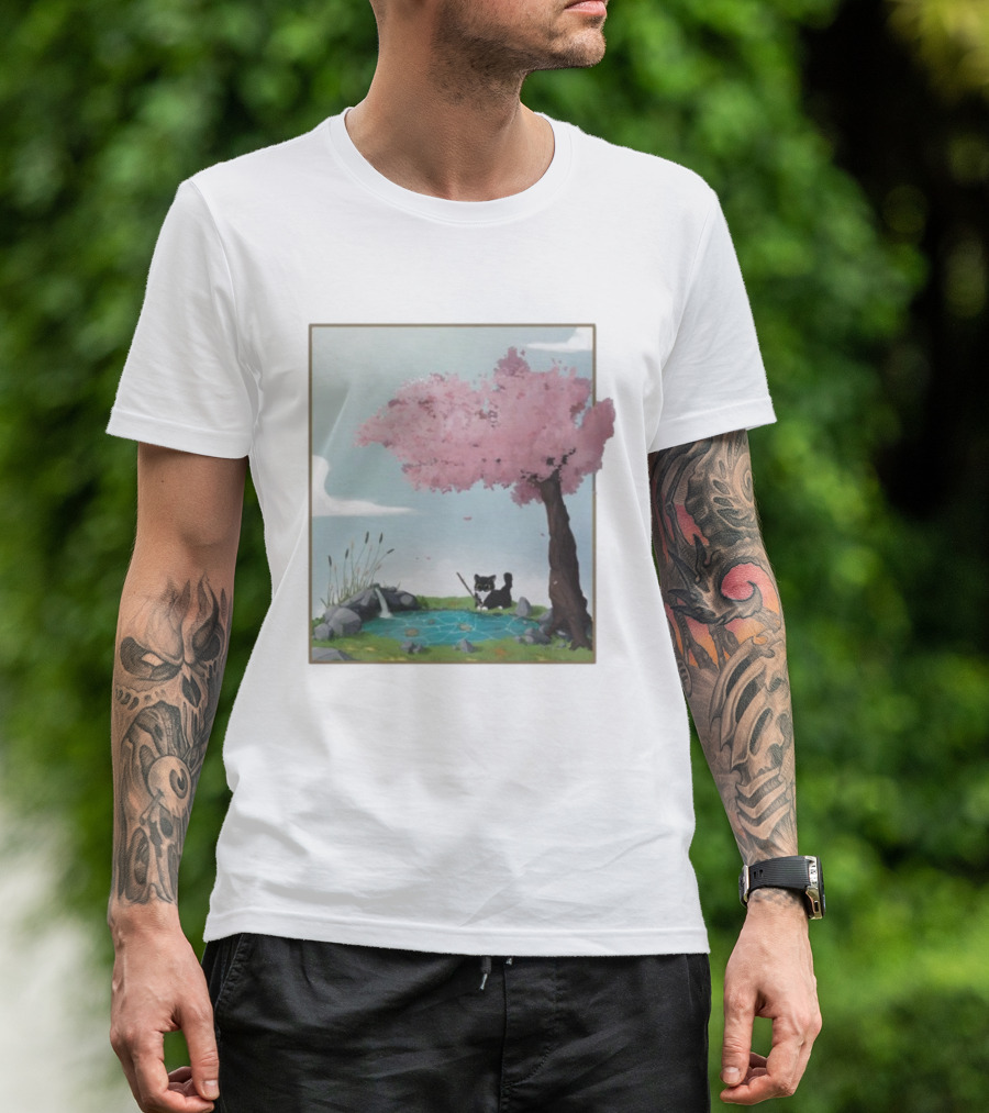 Cherry Blossom Cat Fishing By Tranquil Pond T-Shirt