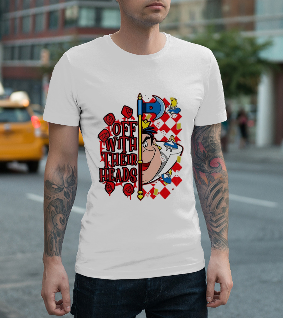 Off With Their Heads Queen Hearts Alice In Wonderland Axe Chessboard Cartoon T-Shirt