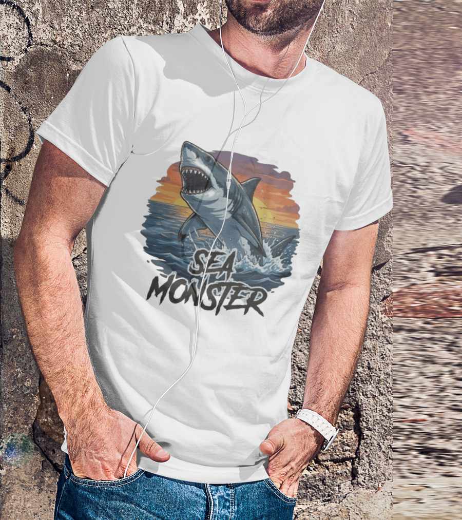Rawwfishing Sea Monster Shark Sunset Ocean Scene T-Shirt