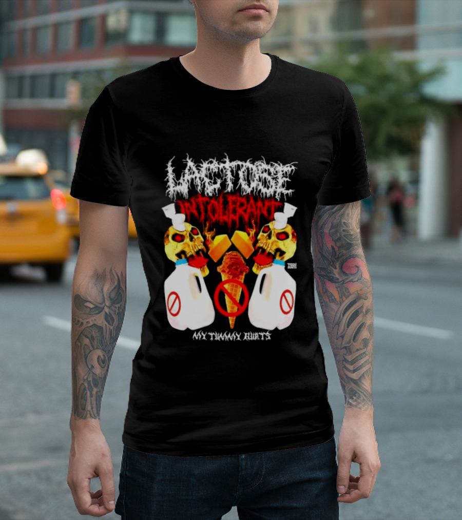 Lactose Intolerant Skulls Milk Jugs No Ice Cream My Tummy Hurts T-Shirt