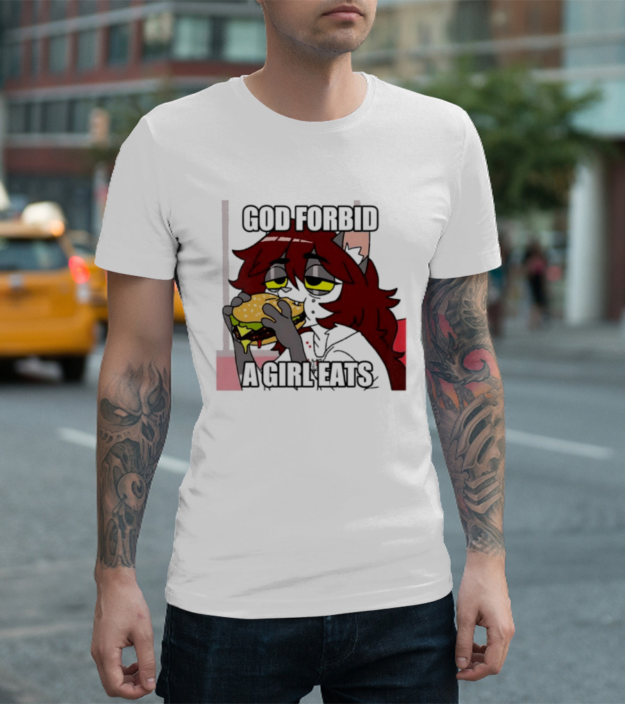 God Forbid A Girl Eats Lazy Cartoon Character Eating Burger T-Shirt