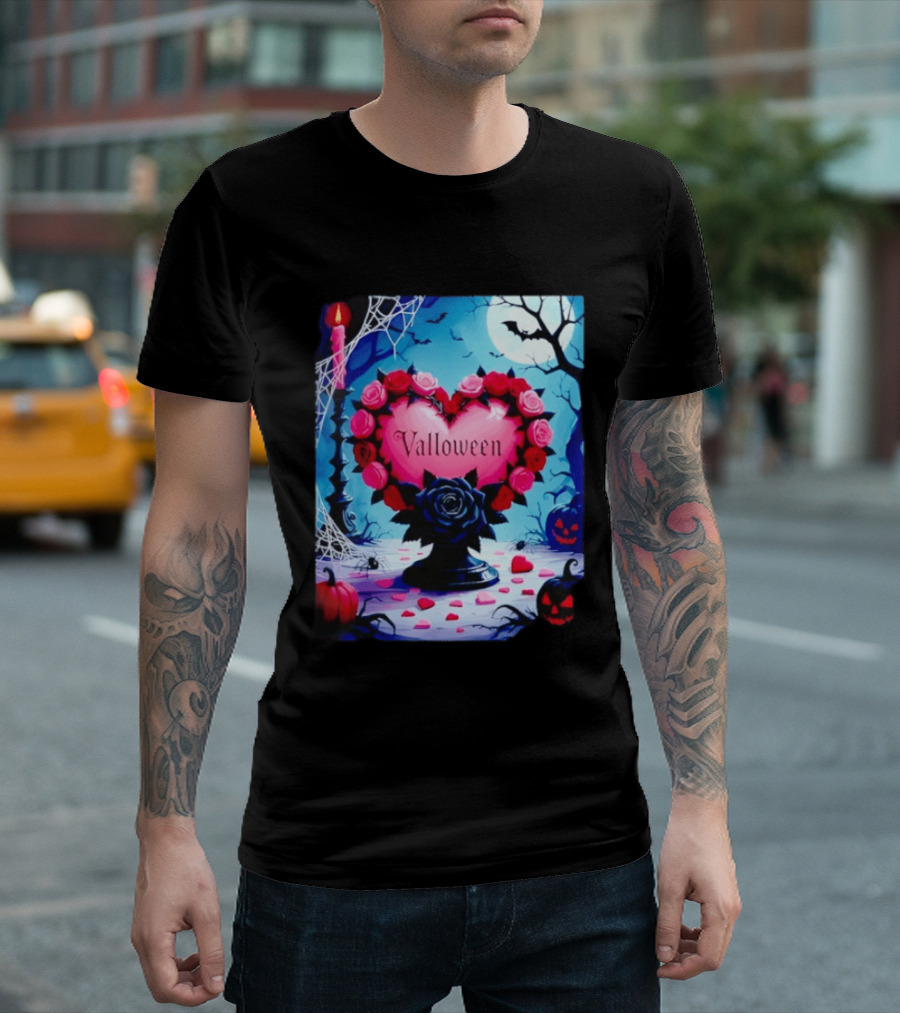Valloween Romance And Menace Heart Rose Candle Moonlit Halloween T-Shirt