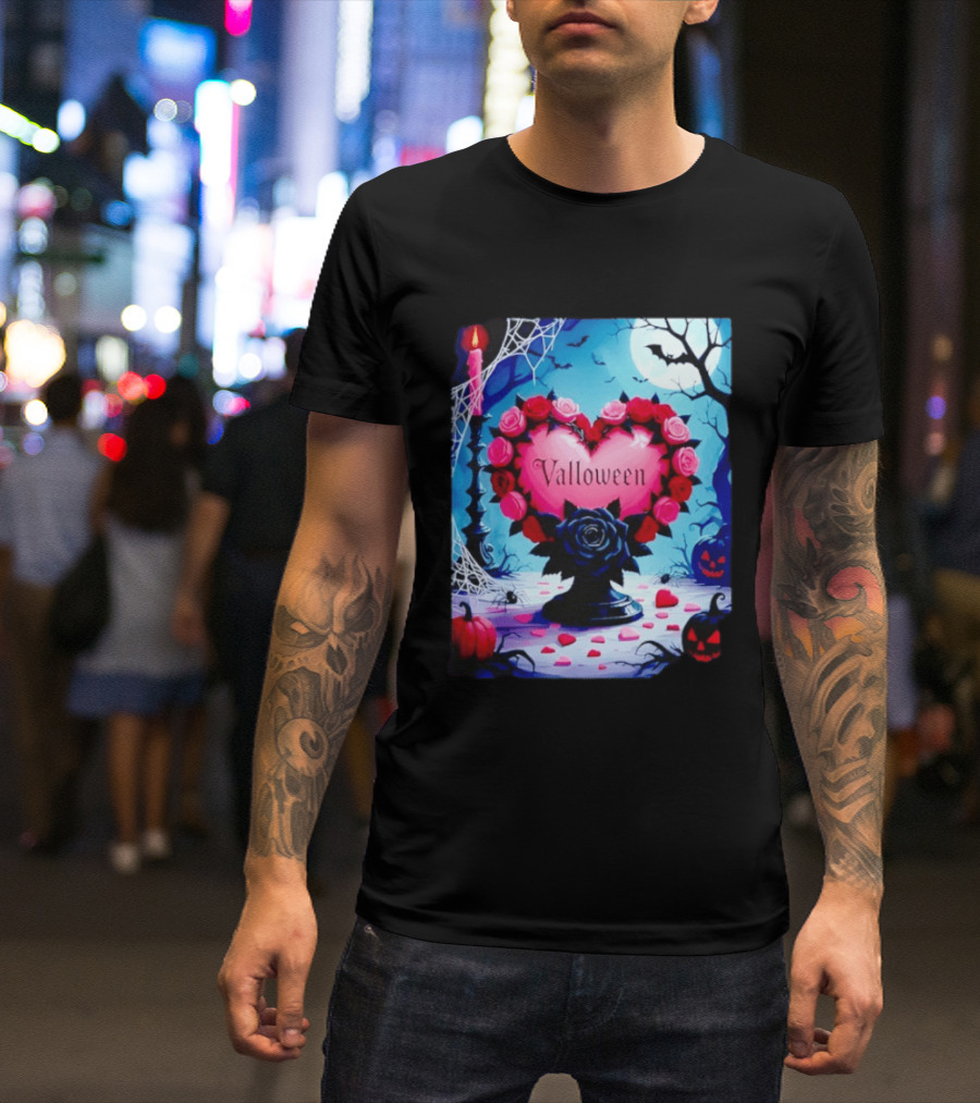 Valloween Romance And Menace Heart Rose Candle Moonlit Halloween T-Shirt