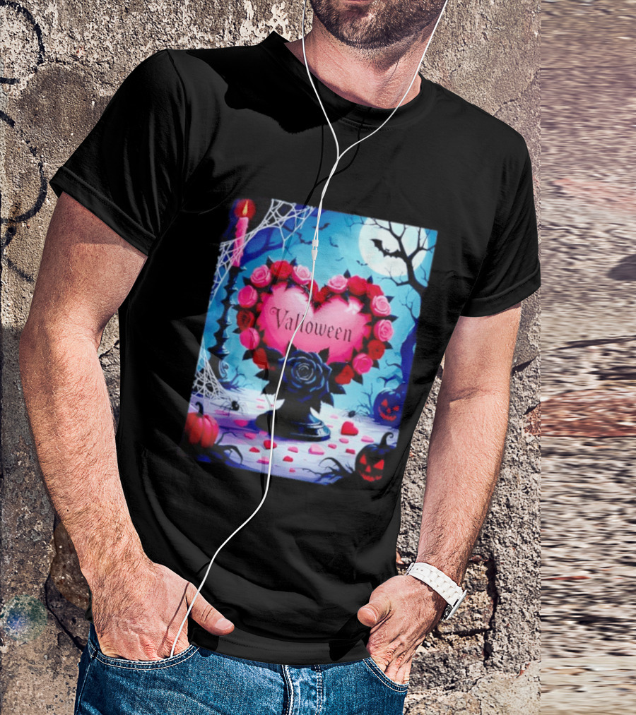 Valloween Romance And Menace Heart Rose Candle Moonlit Halloween T-Shirt