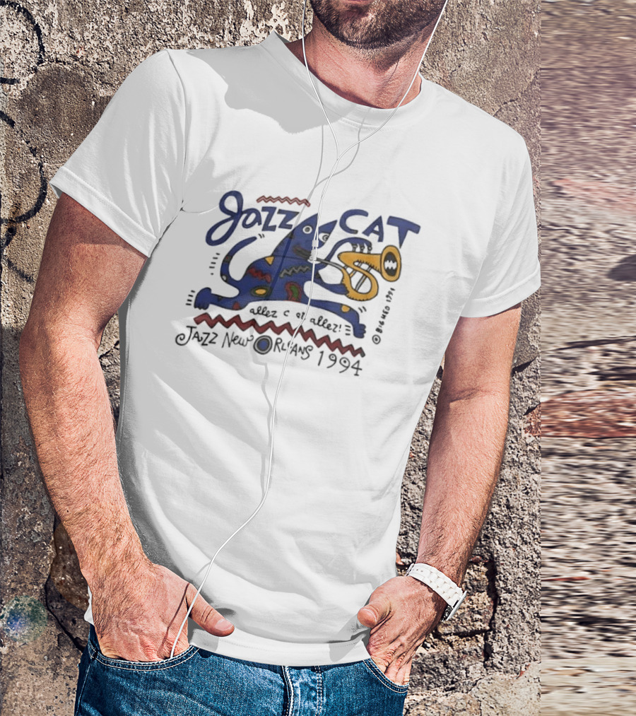 Jazz Cat New Orleans 1994 Cartoon Cat Playing Saxophone T-Shirt