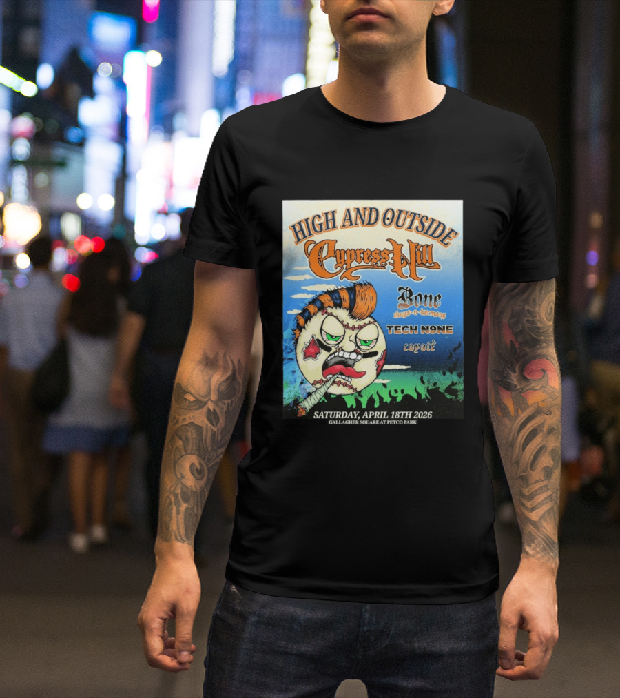 High And Outside Cypress Hill Bone Thugs N Harmony Tech N9ne Coyote Gallagher Square Petco Park April 18 2026 T-Shirt