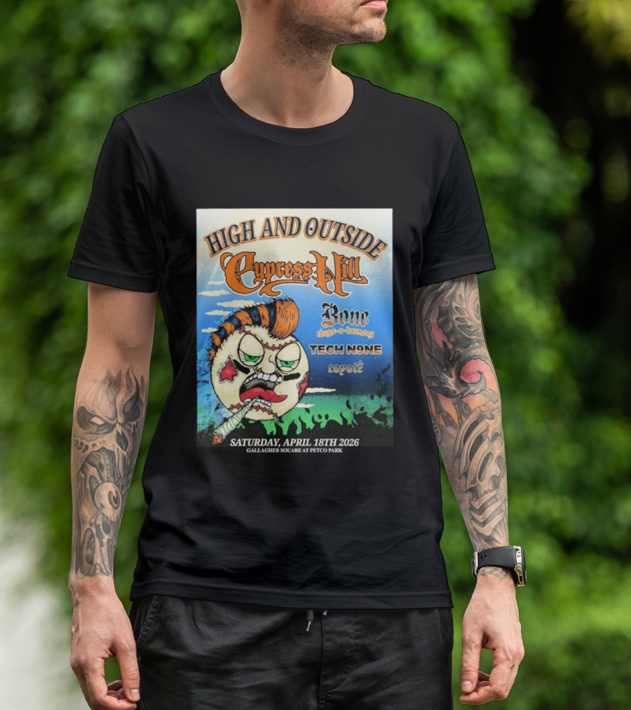 High And Outside Cypress Hill Bone Thugs N Harmony Tech N9ne Coyote Gallagher Square Petco Park April 18 2026 T-Shirt