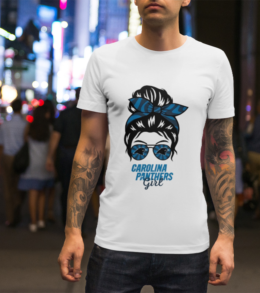 Carolina Panthers Girl Messy Bun Glasses Blue Bow Fan T-Shirt