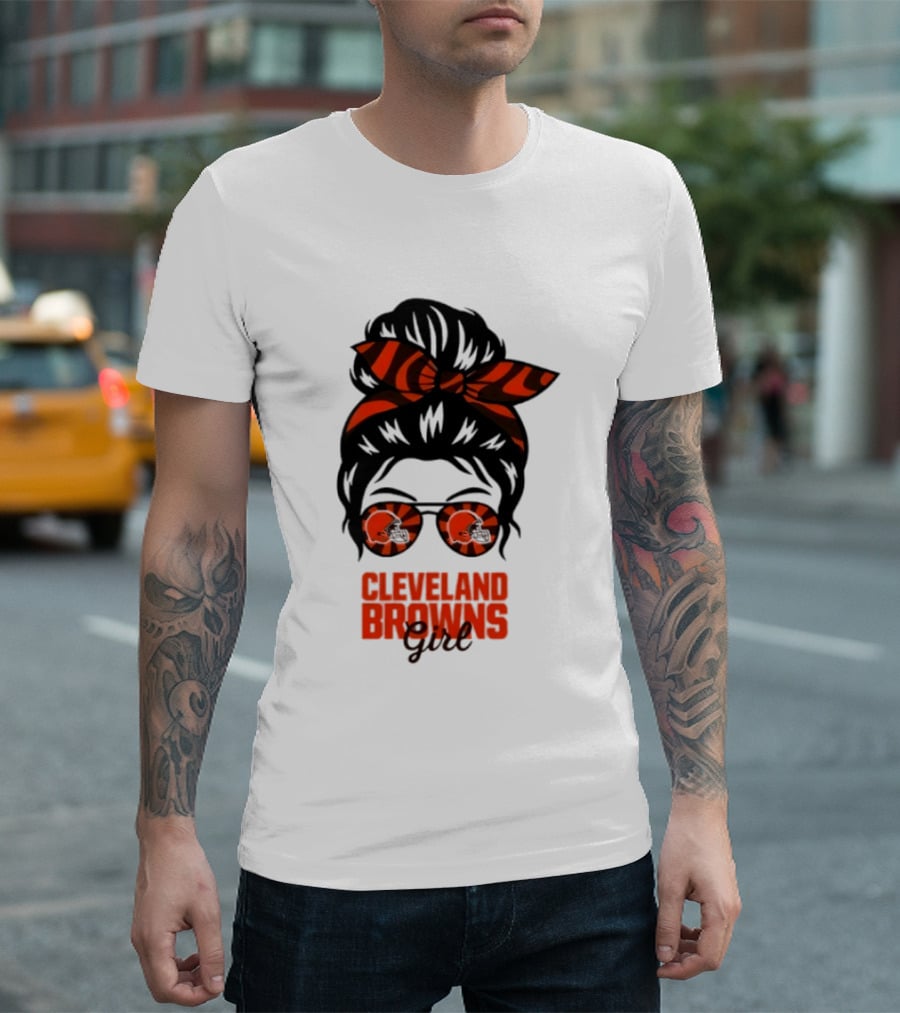 Cleveland Browns Fan Messy Bun Sunglasses T-Shirt