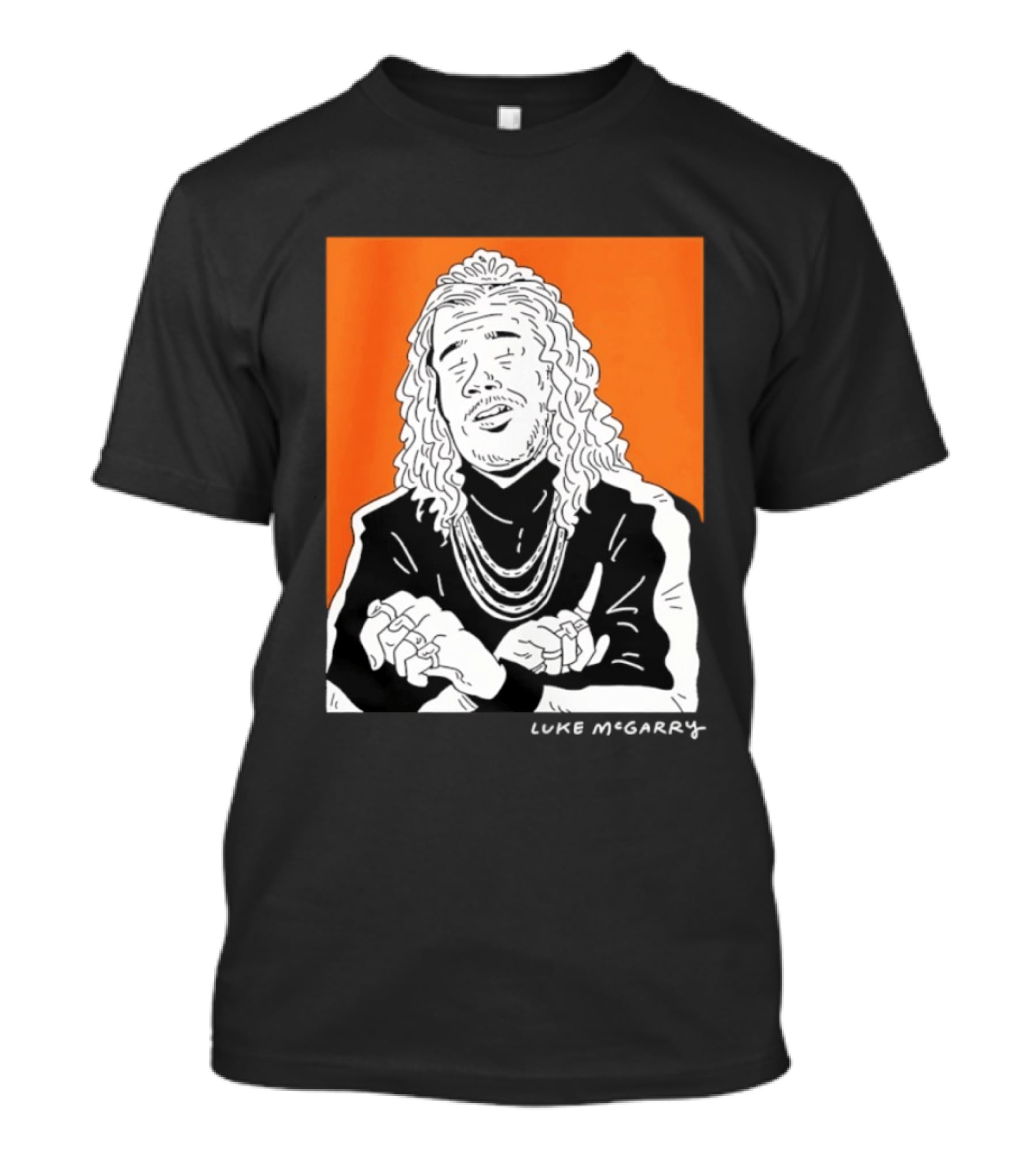 Luke McGarry Cartoon Character With Long Hair And Chains On Orange T-Shirt