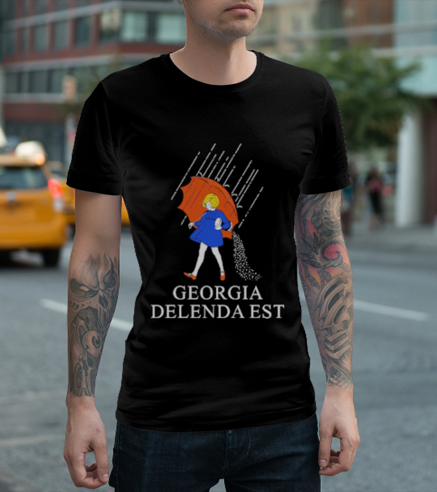 Georgia Delenda Est Salty Girl Red Umbrella Blue Coat Rain T-Shirt