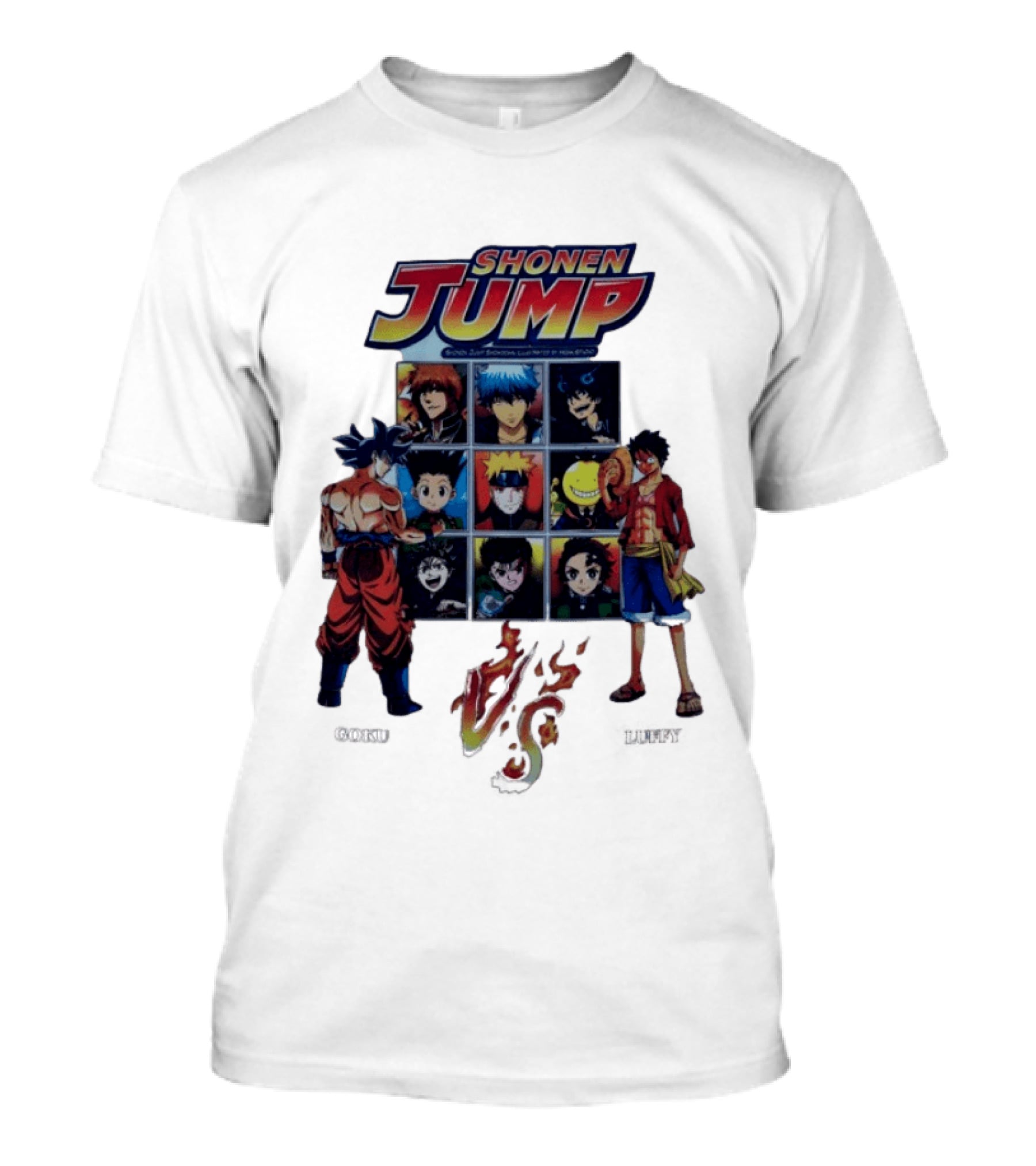 Shonen Jump Goku Luffy Anime Crossover Naruto One Piece Classic Manga Characters T-Shirt